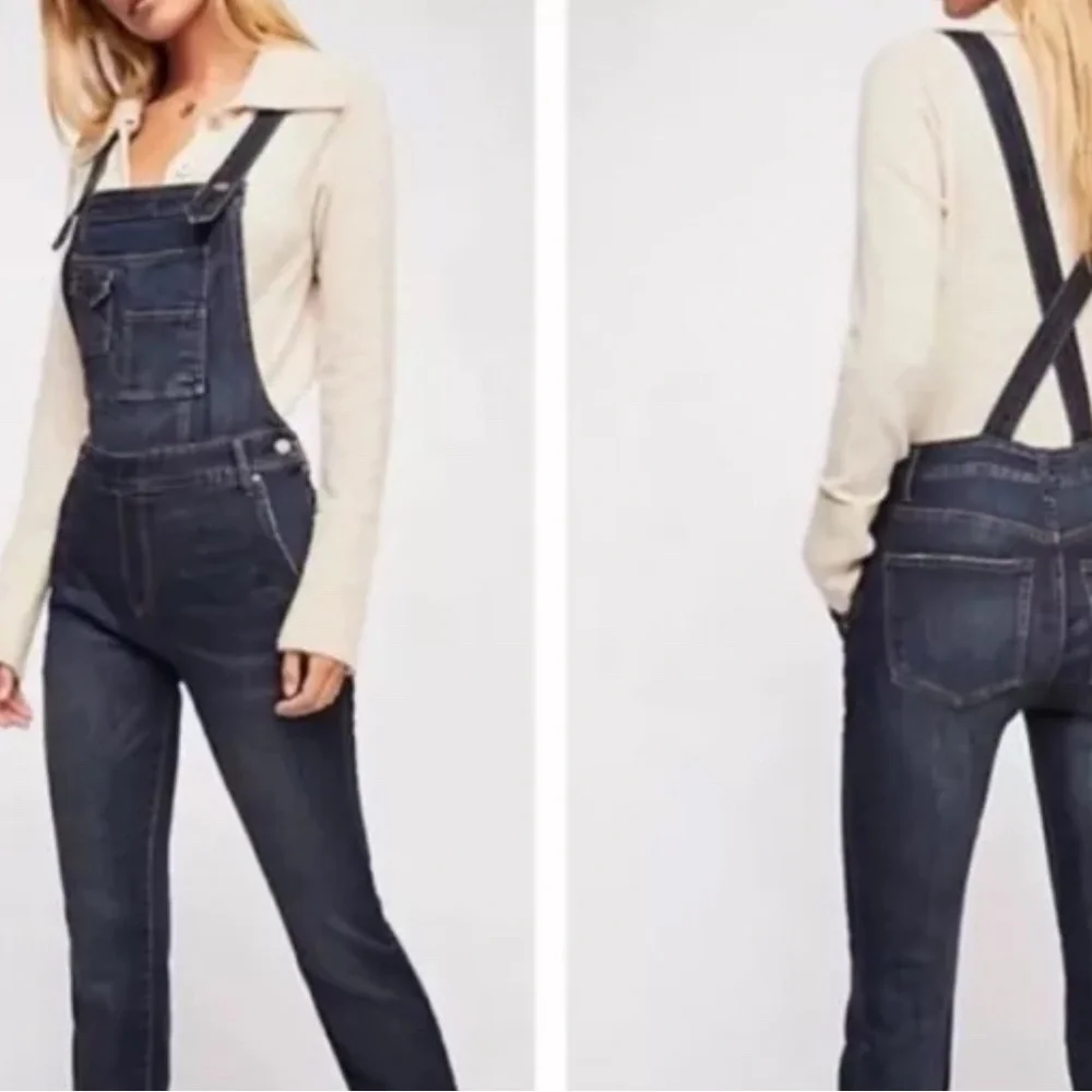Free People Cross Back Bib Overalls Milo Distressed Blue Denim Boho Jeans Sz 28 - Picture 1 of 7